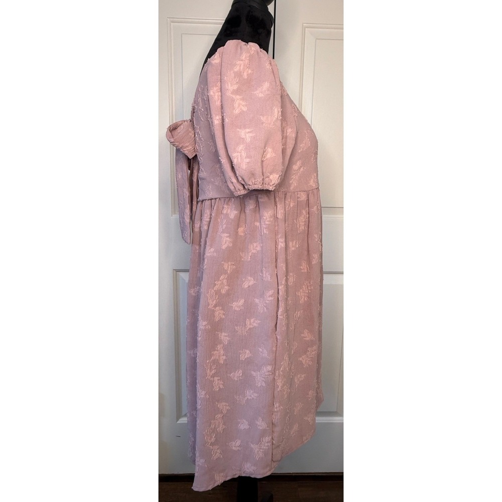 Ces Femme Mauve Pink Floral Jacquard Puff Sleeve Tie Back Mini Dress Size M NWOT - Picture 3 of 8